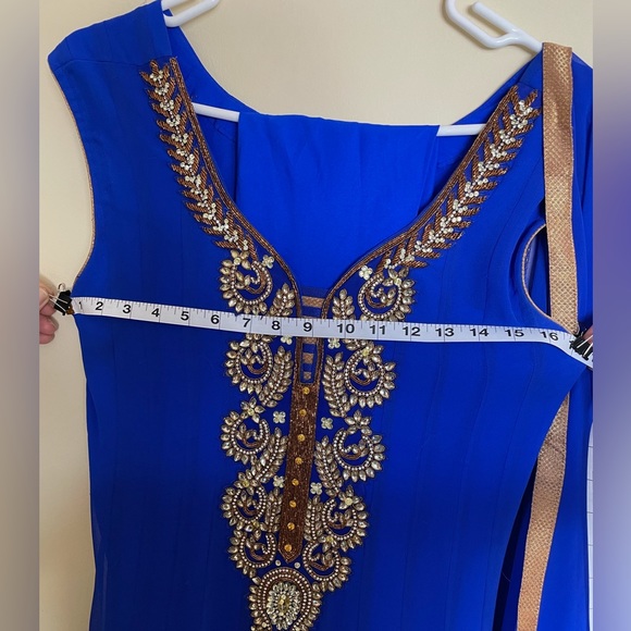 Blue Indian Salwar Suit with Matching Churidaar Pants and Dupatta - Picture 2 of 5